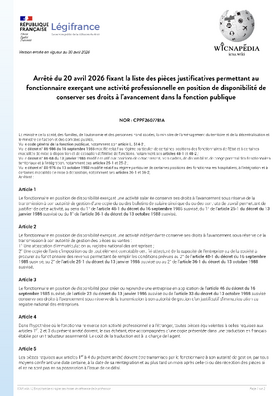 Arrêté fixant la liste des justificatifs permettant de conserver ses droits à avancement en disponibilité quand on exerce une activité professionnelle